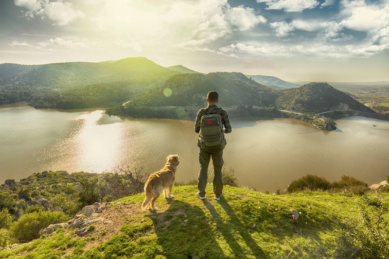Hund und Besitzer auf Berg am Fluss