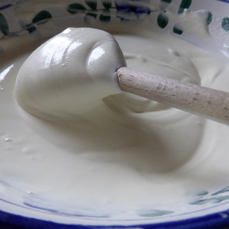 Quark, Milchprodukte, Schüssel und Holzlöffel