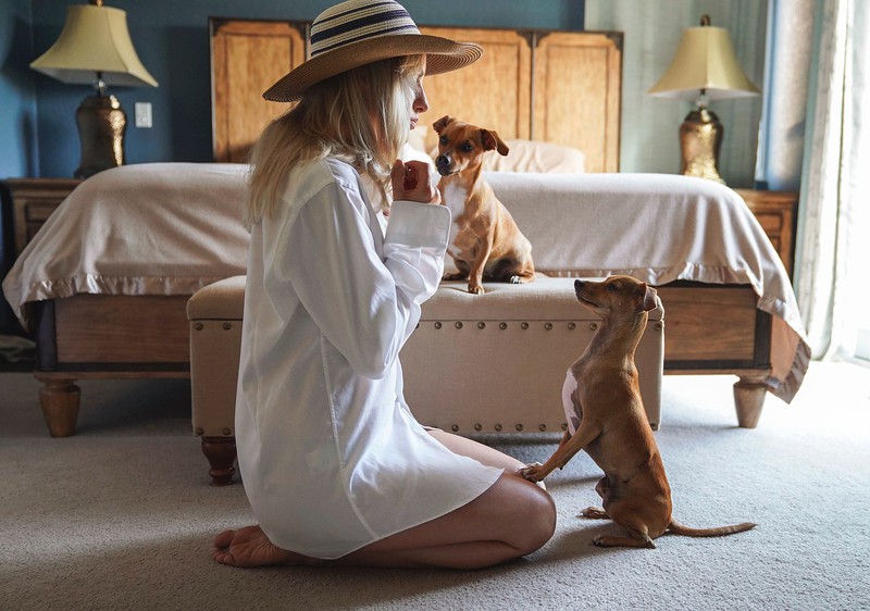 Frau mit zwei Hunden und Mütze, Schlafzimmer