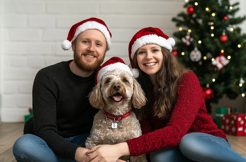 Das beste Geschenk: Ein Paar streichelt seinen Hund an Weihnachten.