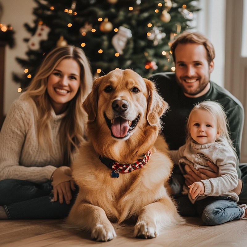 Ein Hund bekommt zu Weihnachten ein neues Halsband.