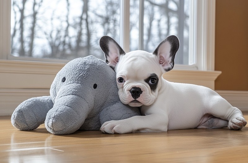 Französische Dogge spielt mit Kuscheltier: Ein perfektes Weihnachtsgeschenk.