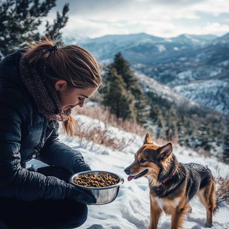 Hund im Schnee: Auch im Urlaub sollte das gewohnte Futter des Hundes gefüttert werden, da eine plötzliche Umstellung zu Verdauungsproblemen führen kann.