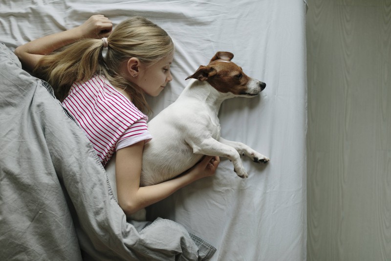 Ein Mädchen kuschelt glücklich mit seinem Hund, von dem es viel lernen kann