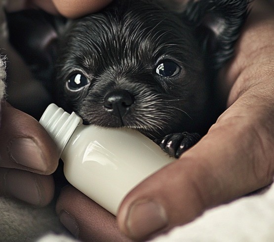 Der Mann wickelt den Hundewelpen in ein Tuch und gibt ihm etwas Wasser und Futter, um danach die Tierrettungsorganisation zu kontaktieren